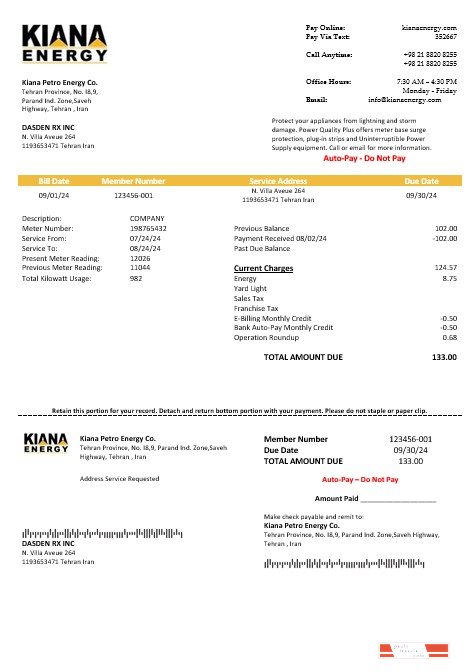 Iran Kiana Petro Energy Co business utility bill template in Word and PDF format